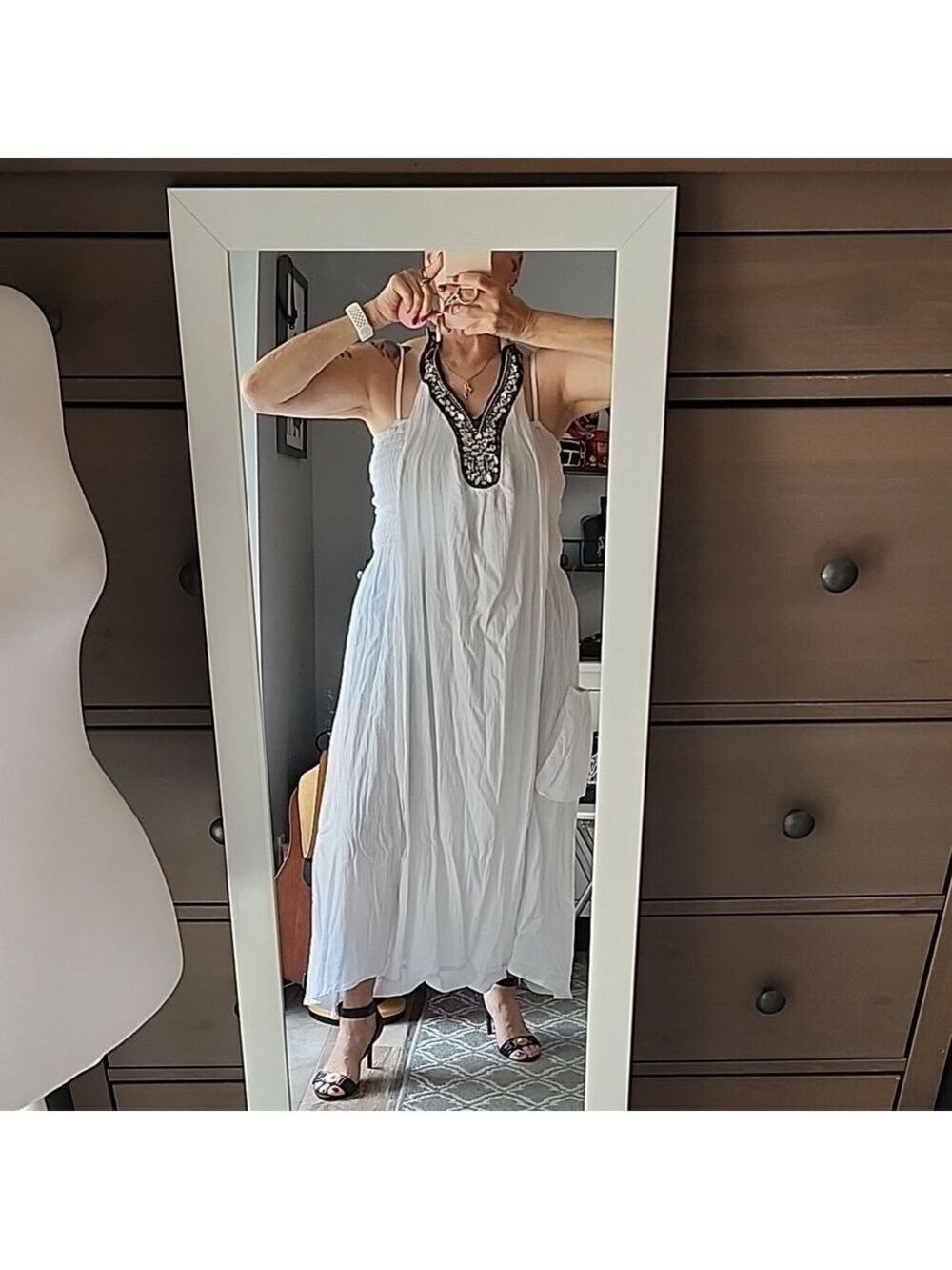 White Harem Dress , Stone Embelished Neckline